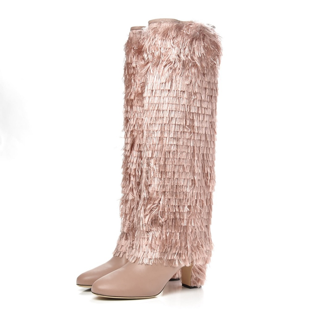 Jimmy Choo Magalie 65 calfskin fringe pink knee high boots - size 35 nib